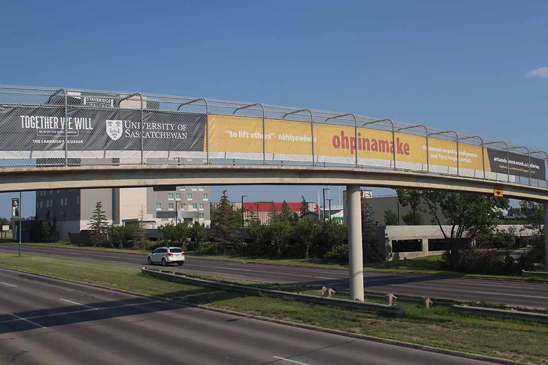 Photo of ohpinkamake banner on crosswalk above Circle Day.